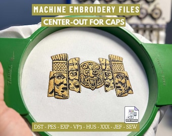 Aztec Faces Hat Embroidery Design, Mesoamerican Mask Machine Embroidery for Caps