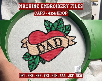 Dad Retro Heart Machine Embroidery Design for Caps & 4x4 Hoop, Traditional Tattoo Father Embroidery, Instant Download