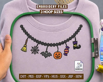 Spooky Halloween Neckline Embroidery Design, Witchy Garland Machine Embroidery File for Crewnecks Sweatshirts Hoodies, 3 Hoop Sizes