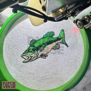 Bass fish embroidery design file stitched in a realistic largemouth bass style, professionally digitized for hats and caps. This fishing embroidery file is optimized for dad hats, trucker hats, and snapback caps, featuring clean outlines and smooth fills for outdoor, angler, and fishing brand projects. Perfect for machine embroidery on fishing hats, custom caps, and 
outdoor apparel.