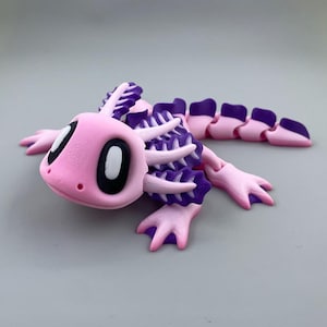 3D Printed Articulating Axolotl - Pink Body & Purple Frills with Magnetic Feet
