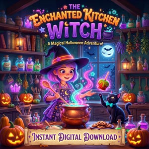 Peut inclure: Une illustration numérique intitulée The Enchanted Kitchen Witch A Magical Halloween Adventure montrant une sorcière aux cheveux violets remuant un chaudron en cuivre avec une cuillère en bois, un chat noir, des citrouilles et des potions.