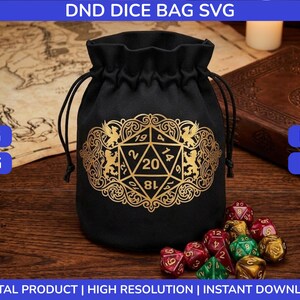 May include: A black drawstring dice bag featuring a gold-colored icosahedron die graphic with ornate filigree and lion motifs. The text DND DICE BAG SVG, SVG, PNG, DXF, EPS, and DIGITAL PRODUCT | HIGH RESOLUTION | HIGH RESOLUTION | DIGITAL DOWNLOAD is visible.