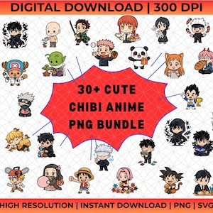 Lot Anime SVG et PNG - 30+ Chibi mignons avec une seule pièce tueur de démons de leveling Naruto Jujutsu Kaisen Bleach Chainsaw Man Dragon Ball