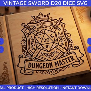 May include: A light-colored wooden surface featuring a black laser-engraved design of a twenty-sided die centered on a shield, flanked by two crossed swords, topped with a crown, and a banner at the bottom with the text DUNGEON MASTER.
