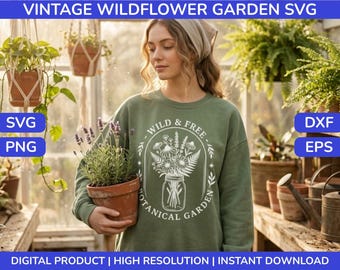 SVG de fleurs sauvages, fichier de découpe vintage pour t-shirt et sweat à capuche Cricut, bouquet de fleurs botaniques et fleurs sauvages.