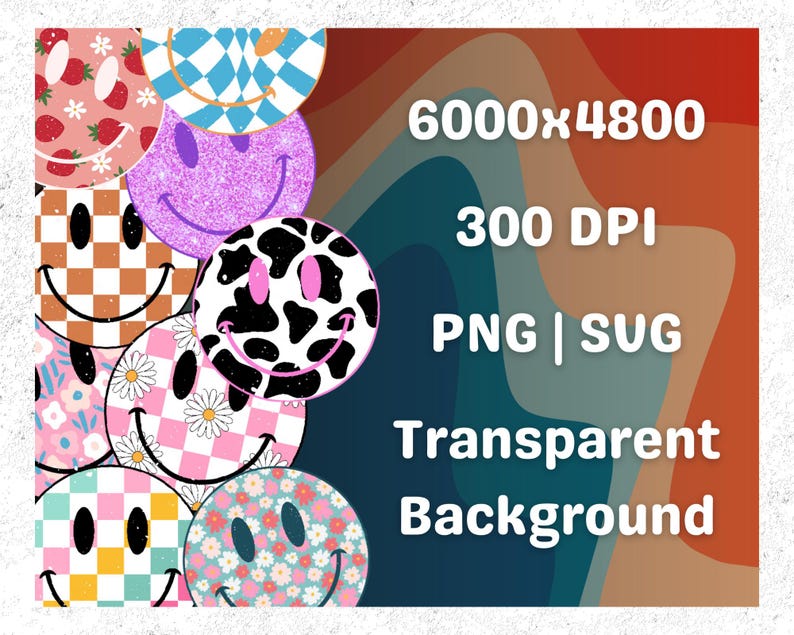 Retro Smiley Face SVG Bundle – 20 Distressed Groovy Checkered Daisy PNG ...