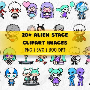 May include: A collection of over 20 cartoon alien character clipart images. The images feature various aliens with different skin tones, hairstyles, and outfits. The text on the image says "20+ ALIEN STAGE CLIPART IMAGES PNG | SVG | 300 DPI."