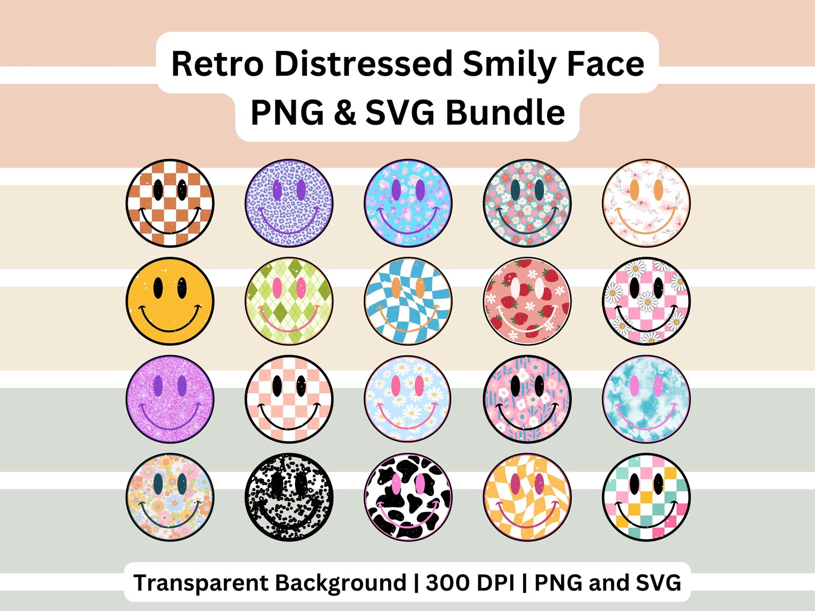 Retro Smiley Face SVG Bundle – 20 Distressed Groovy Checkered Daisy PNG ...