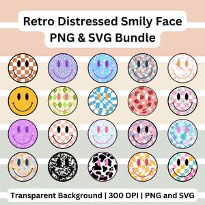 Retro Smiley Face SVG Bundle: Distressed, Checkered, Daisy (Digital Download)