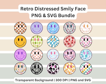 Retro Smiley Face SVG Bundle – 20 Distressed Groovy Checkered Daisy PNG for Cricut Sublimation