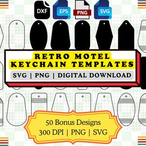 Retro Motel-sleutelhangersjabloon: 24 sjablonen en 50 bonusontwerpen voor Cricut, Silhouette en Laser | Vintage Motel-sleutelhanger SVG-bundel