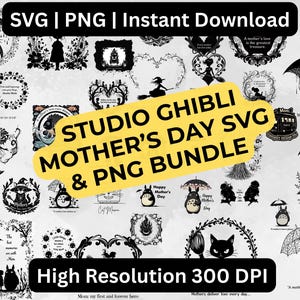 Può includere: Una collezione di 25 file SVG e PNG del Giorno della Mamma di Studio Ghibli in bianco e nero. Le immagini includono Totoro, Kiki Consegne a Domicilio e altri personaggi popolari. Il testo "Studio Ghibli Mother's Day SVG & PNG Bundle" è in un cerchio giallo. Il testo "High Resolution 300 DPI" è nella parte inferiore dell'immagine.