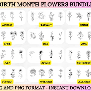 Geburtsmonat SVG & PNG Blumenstrauß Bundle | BirthMonth botanische Geburtstags-Blumenmuster | Sternzeichen Geburt Blumen | Cricut, Silhouette Ringe