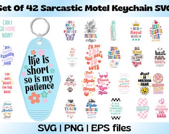 May include: A set of 42 digital files for creating sarcastic motel keychain SVGs. The image shows a blue motel keychain with the text "life is short so is my patience". Other designs include "Can I go home now?", "I'm not bossy I'm the boss", "Be real not perfect", "I'm not rude just honest", "Best teacher ever", "Best man ever", "Grow positive thoughts", "Have the day you deserve", "Smile it confuses them", "Y'all were thinking it I just said it", "Not bossy just happy", "Jesus is the anchor of my soul", "Dog mama", "Fluent in eye rolls", "Coffee teach repeat", "Hello adventure", "Her Royal Highness", "Faithful", "Be kind to your mind", "Hands free zone for real", "Not foody cares", "I'm not fat just more to love", "Exhausted & a biscuit".