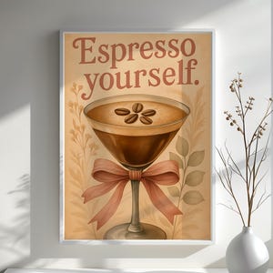 Póster de Espresso Martini – Arte de cóctel vintage bohemio – Arte mural para disfrutar del café – Decoración divertida para cafeterías – Regalo para amantes del café