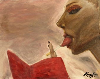 May include: A painting depicting a person with a cigarette in their mouth and a red book in front of them. The person's face is painted realistically, with details such as eyelashes and lips. The background is a soft pink colour.