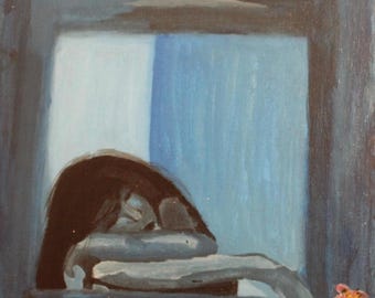 May include: A painting of a person with dark hair, sitting at a window, with their head resting on their arm. The person is looking down, and the background is a blue and white colour. There is a pink flower in the bottom right corner of the painting.