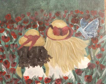 Original Acrylgemälde - Mädchen im Mohnblumengesteck auf Leinwand
