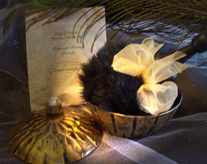 Elegant Dusting Powder Set Aged Gold Powder Jar, Beautiful Black Puff