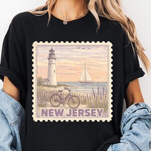 New Jersey State Stamp Png, Vintage Lighthouse Sailboat Beach Scene Shirt Png, Coastal Shoreline Sunset Sublimation Design, Digital Download