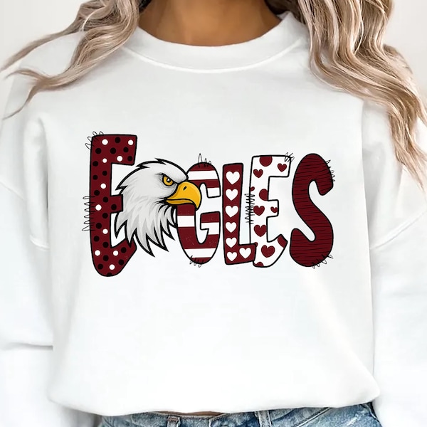 Mascote PNG, Design de Camiseta com Desenho de Águias - Bordô, Mascote Escolar, Universitária, Temporada de Futebol Americano PNG, Sublimação para Dia de Jogo, Download Digital