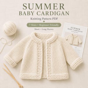 May include: A cream-colored knitted baby cardigan with long sleeves, a textured border, and a round neckline. Beside it sits a ball of yarn, two knitting needles, and a printed pattern sheet titled SUMMER BABY CARDIGAN Knitting Pattern PDF.