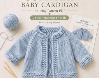 Strickanleitung für eine Baby-Strickjacke (PDF), nahtloser Raglan-Stil von oben nach unten, 7 Größen (Neugeborene bis 6 Jahre), anfängerfreundlich, kurze und lange Ärmel | Grobstrick