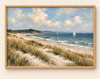 Sailboats Beach Dunes Print | Vintage Coastal Seascape Painting | Nautical Ocean Wall Art | Beach House Digital Download | #MJ1622
