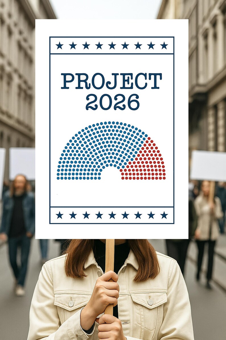 Puede incluir: Un cartel blanco sostenido por una persona, con el texto "PROJECT 2026" en azul marino. Debajo del texto hay un gr&aacute;fico de un semic&iacute;rculo dividido en puntos azules y rojos, con estrellas arriba y abajo.