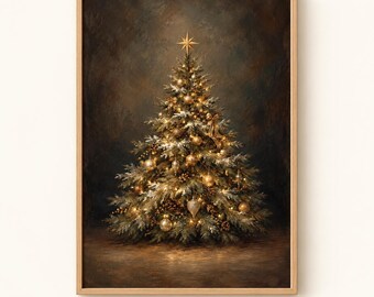 Vintage Christmas Tree Painting Print | Moody Gold Holiday Wall Art | Dark Evergreen Winter Mantel Decor | Digital Download | #MJ1614