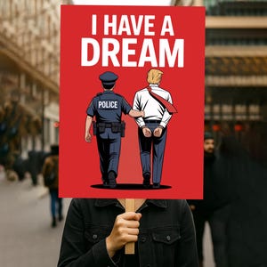 Può includere: Un cartello rosso con le parole "I HAVE A DREAM" in bianco. Il cartello raffigura un'immagine a cartoni animati di un poliziotto che scorta un uomo ammanettato. L'uomo indossa una camicia bianca e una cravatta rossa.