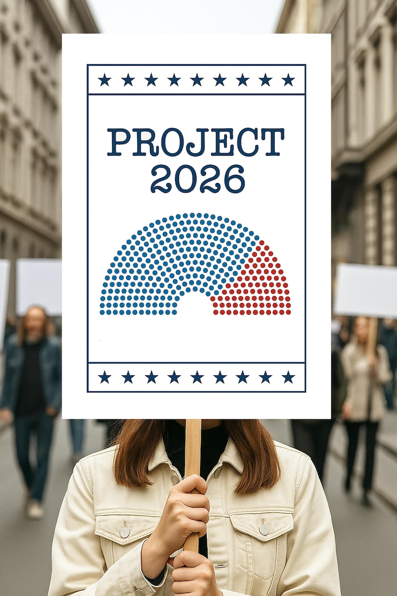 May include: A white sign with the text "PROJECT 2026" in navy blue, above a semi-circle graphic of blue and red dots. The sign is held by a person in a crowd. The top and bottom of the sign have a row of stars.