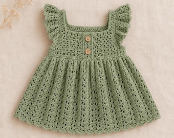 Crochet Baby Dress Pattern PDF | Flutter Sleeve Lace Pinafore | 4 Real Sizes 0-6M to 2-3Y | Button Placket | Scalloped Hem