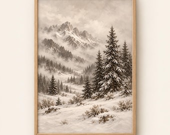 Snowy Pine Forest Print | Neutral Winter Landscape Wall Art | Vintage Christmas Mountain Painting | Digital Download | #MJ1617