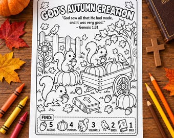 God's Autumn Creation Coloring Page for Kids, Genesis 1:31 Bible Activity, Fall Find and Count, Sunday School, Homeschool Printable