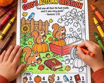 God's Autumn Creation Coloring Page for Kids, Genesis 1:31 Bible Activity, Fall Find and Count, Sunday School, Homeschool Printable