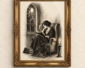 Woman Reading Book Sketch Print | Moody Vintage Victorian Portrait | Dark Academia Book Lover Wall Art | Literary Digital Download | #MJ1638