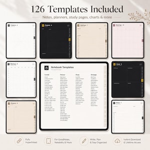May include: A digital collection of 126 notebook templates featuring various layouts for notes, planners, and study pages. The display includes a central index page listing categories like Cornell, Planner, Study, and Strategic, surrounded by individual tablet-style previews in light and dark themes.