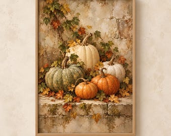 Pumpkin Still Life Painting | Vintage Heirloom Pumpkin Print | Rustic Fall Stone Ledge Wall Art | Thanksgiving Digital Download | #MJ1631