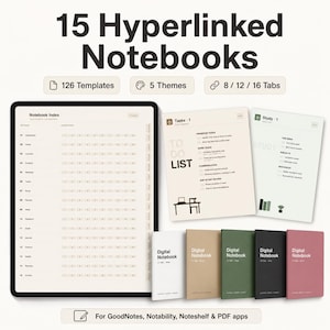 Digital Notebook GoodNotes Notability Noteshelf | Hyperlinked Tabbed Notebook | 15 Notebooks 126 Templates 5 Themes | iPad Planner