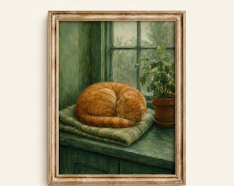 Cat on Windowsill Print | Vintage Green Cottage Sleeping Tabby Cat Wall Art | Digital Download | #MJ010