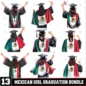 Paquete PNG de chicas mexicanas graduadas, camiseta con la bandera mexicana en acuarela (en formato PNG), imágenes de graduación (en formato PNG), diseños de sublimación, descarga digital, DTF