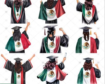 Paquete PNG de chicas mexicanas graduadas, camiseta con la bandera mexicana en acuarela, imágenes de graduación, diseños de sublimación, descarga digital, DTF