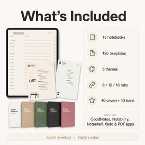 Digital Notebook GoodNotes Notability Noteshelf | Hyperlinked Tabbed Notebook | 15 Notebooks 126 Templates 5 Themes | iPad Planner