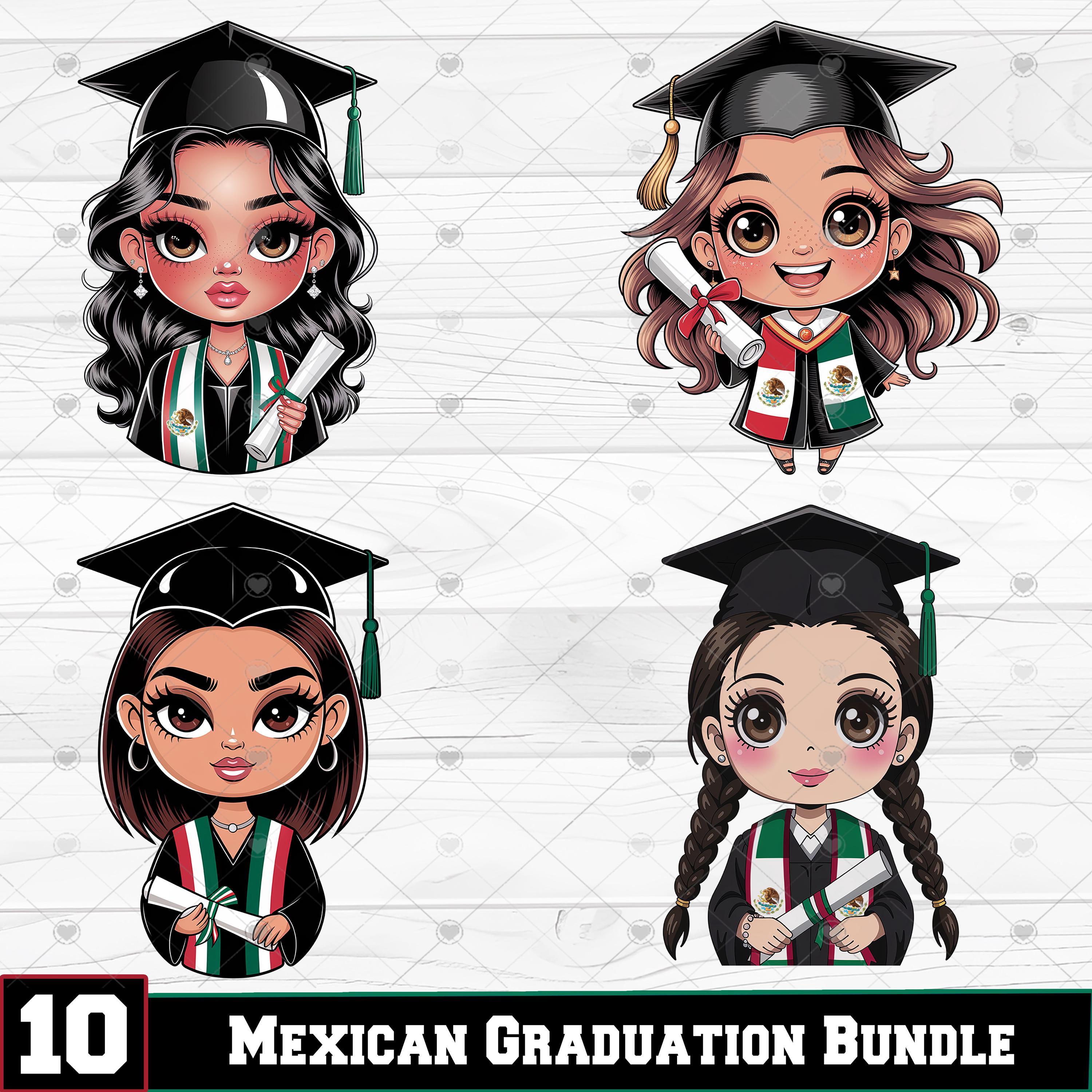 10 MEXICAN Girl Graduates PNG Bundle, Chibi Style Mexican Girl Flag Shirt Png, Latina Graduate Png, Mexican Graduation Clipart, Sublimation