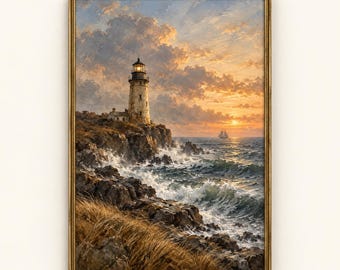 Lighthouse Painting Print | Vintage Stormy Seascape Oil Painting | Nautical Coastal Wall Art | Beach House Digital Download | #MJ1635