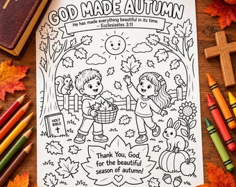 God Made Autumn Coloring Page for Kids, Ecclesiastes 3:11 Bible Activity, Christian Fall, Sunday School, Homeschool Printable