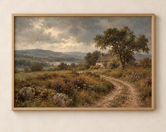Moody Countryside Landscape Print | Vintage Country Lane Oil Painting | Stone Cottage Farmhouse Wall Decor | Digital Download | #MJ1623