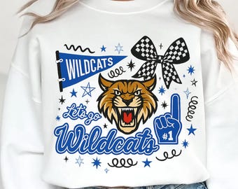 Mascot PNG, Wildcats Doodle Shirt Design - Blue, Mascot School, College, Football Season PNG, Game Day Sublimation, Digital Download